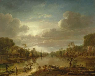 A River Landscape by Moonlight